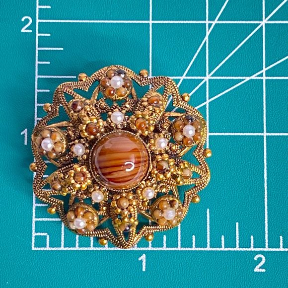 West Germany Ornate Brooch Gold Tone Filagree Amber And Pearly Stones - Picture 9 of 9